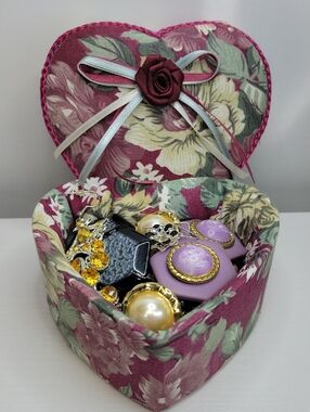 Floral Heart Box with Purple and Green Fabric Filled With Earrings